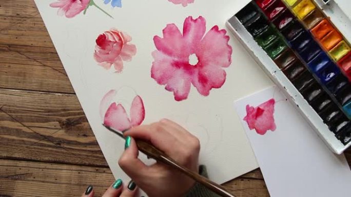 画粉红色的花与水彩画特写