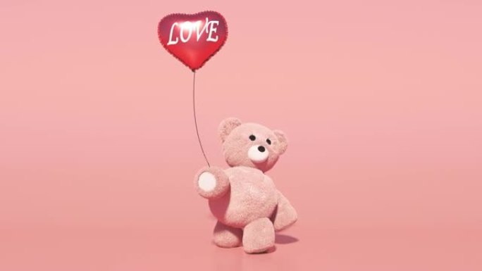 带有红色心形气球的泰迪熊。在粉红色的屏幕上。玩具熊行走无缝循环。情人节动画。阿尔法通道。