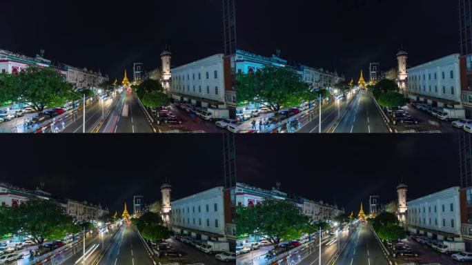 缅甸仰光市大金塔古塔夜间交通延时视频