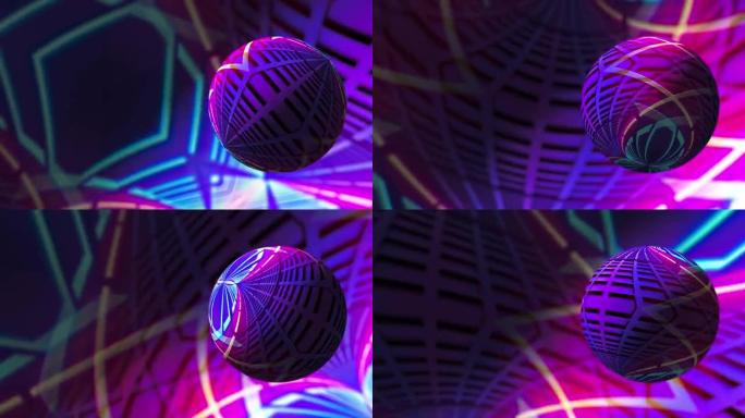 抽象蓝色紫色光高科技未来球体在3D虚拟空间中旋转。4k无缝循环背景。抽象动画运动图形，球体原子科学技