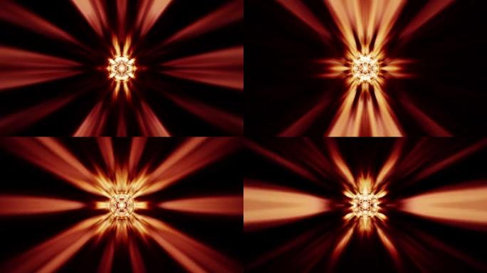 旋转闪烁耀斑光的抽象循环运动火花能量与从中心恒星发出的光束径向光。4K 3D分形无缝循环无限复杂发光