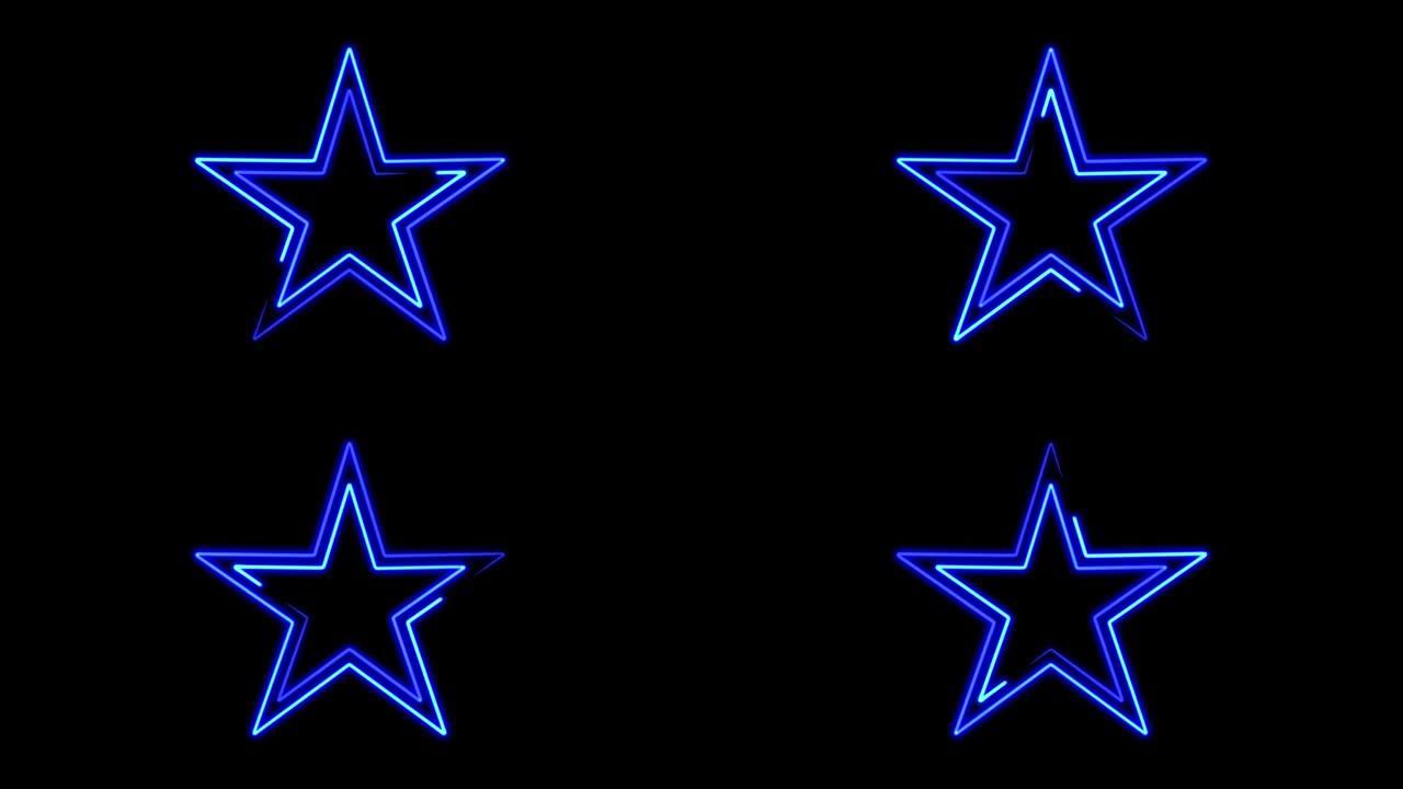 黑色背景上星星的蓝色霓虹灯线的抽象无缝图案。4k视频霓虹灯星特写。