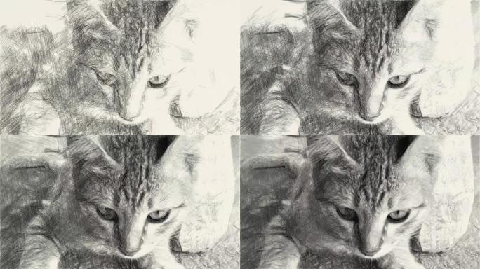 可爱的虎斑猫的黑白画