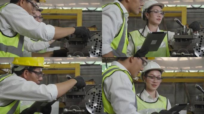 亚洲工程师和技术人员戴着安全护目镜和头盔，在平板电脑上查看机器信息，成功地修复了机器，以恢复工厂的正