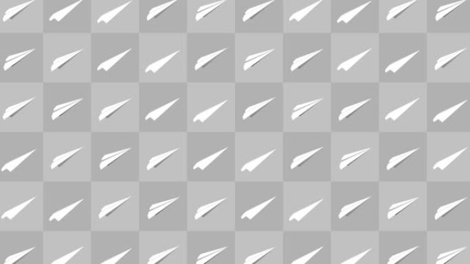 手工纸飞机收藏。灰色背景上流动的白纸平面的循环动画。业务连接概念。折纸飞机飞行。