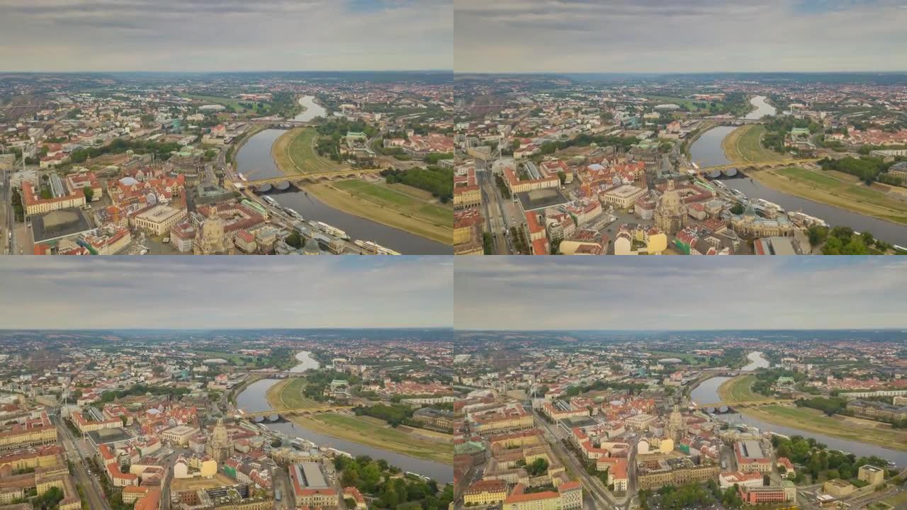 布拉格河畔多云的白天飞行空中全景4k延时捷克共和国