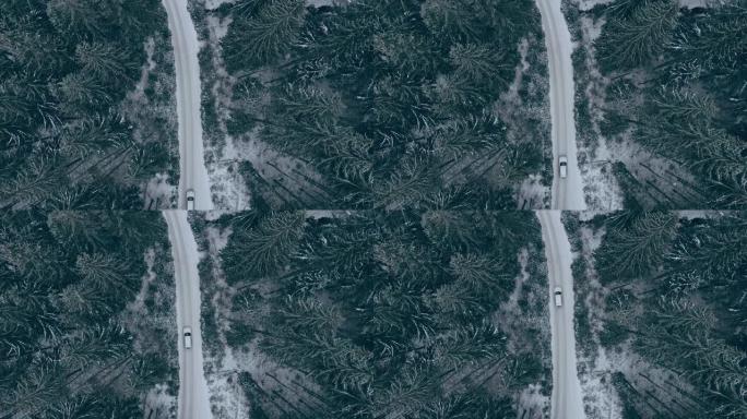 高架俯视图汽车在山间森林的雪道路上行驶