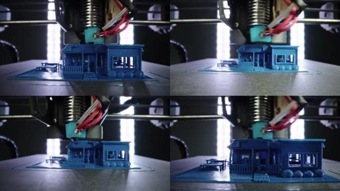 放大3d打印机打印蓝屋的微距拍摄