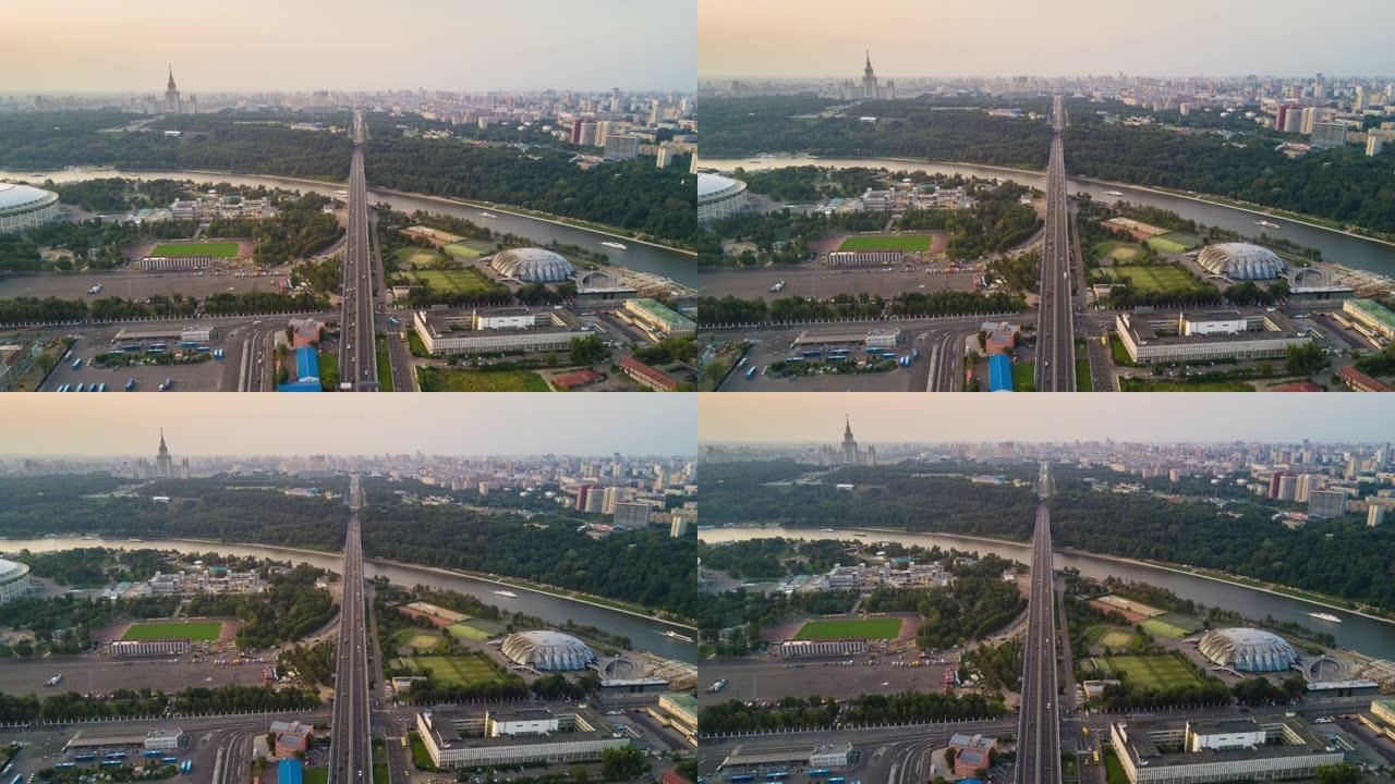 莫斯科日落之夜城市景观体育场河交通桥大学空中全景4k延时俄罗斯