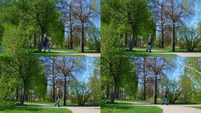 一个戴着蓝色帽子的胡须的男人正在绿树丛中的公园里散步