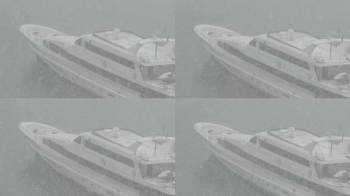 雪地中的邮轮游艇下雪雪中的游艇停靠