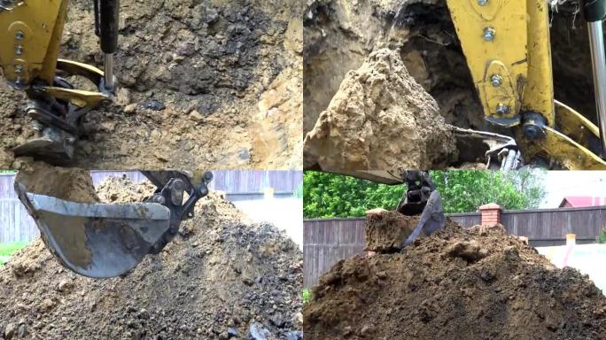 挖掘机的铲斗在地面上挖了一个洞。
