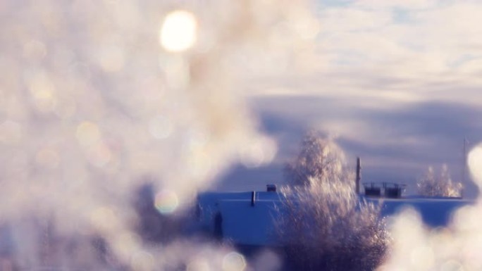 窗户上的冬天图案。阳光明媚的霜冻日。一切都布满了雪。冰雪的闪光。手持摄像。暖光