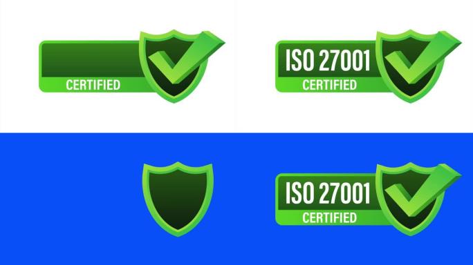 ISO 27001认证徽章，图标。认证印章。平面设计。