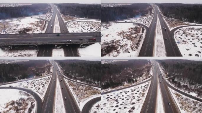 有路口和桥梁的两条道路的交汇处，汽车行驶得很快