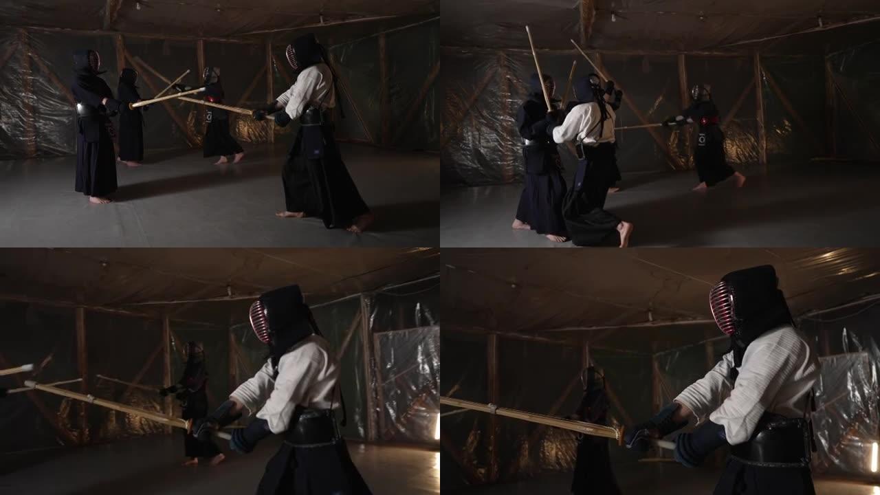 武术学生在剑道训练中使用bokuto进行拳击