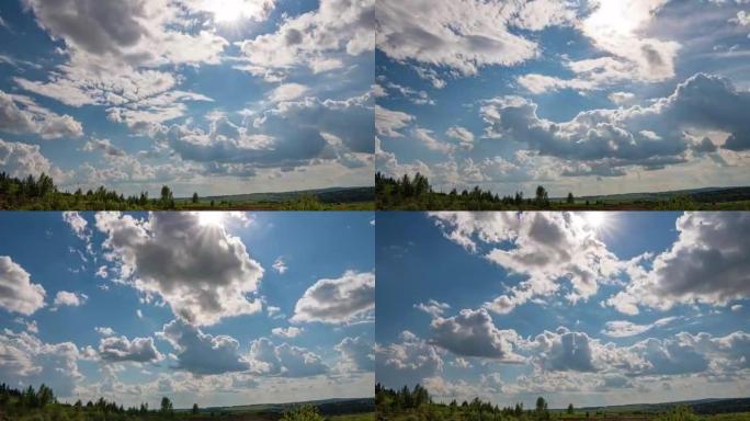 白云，晴朗柔和的天空，时间流逝形成地平线上的云层，雨滚动快速移动，美丽的夏日晴天，多彩的天气。