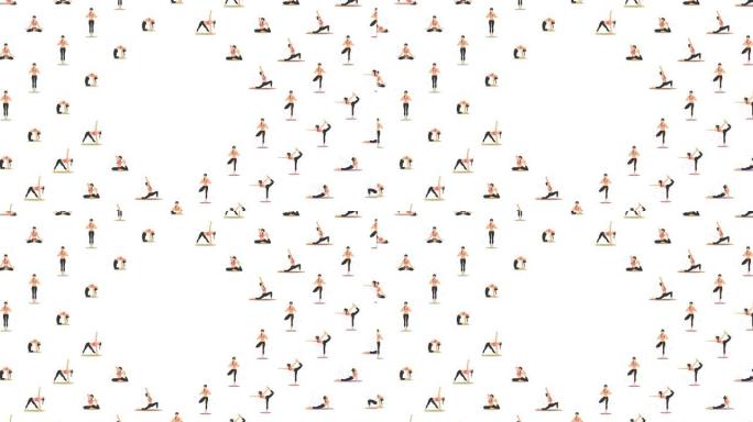 自然中的瑜伽运动。展示各种瑜伽姿势的女性卡通人物收藏。彩色平面循环动画。放松和冥想。