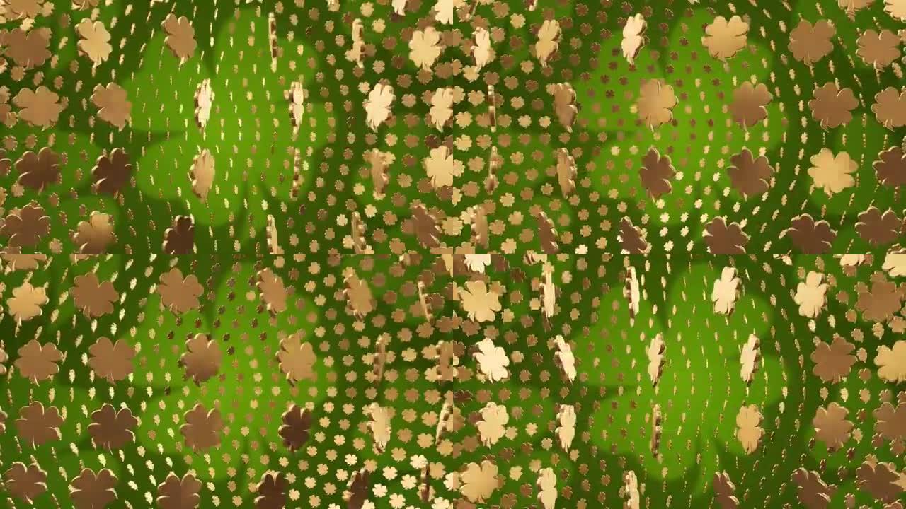 4k圣帕特里克节符号马蹄金背景。三叶草运气。三叶草叶子的帕特里克日硬币。帕特里克日酒吧派对。
