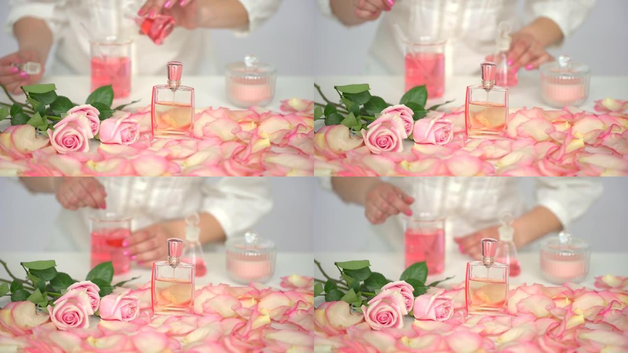 制作身体护理制作美容芳香香水玫瑰花背景放在桌子上