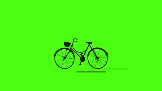 自行车动画。车轮和踏板在旋转，道路充满活力。没有人。