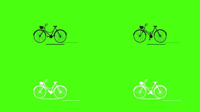 自行车动画。车轮和踏板在旋转，道路充满活力。没有人。