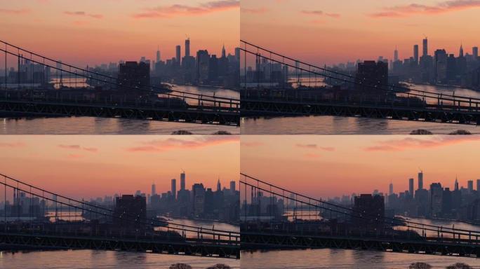 天际线轮廓的远景包括曼哈顿中城和市中心，罗斯福岛，埃德·科赫·昆斯伯勒大桥和长岛市，日落时在RFK大