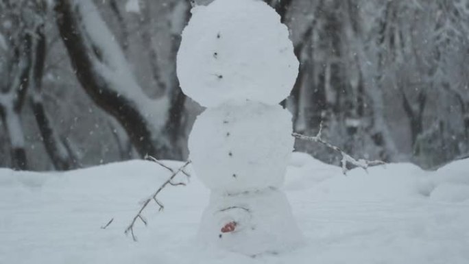 快乐有趣的雪人杂技演员站在他的头上，背景是一场大雪。相机变焦