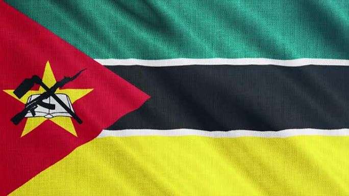 莫桑比克国旗挥舞着3D插图。全视角织物上的国家标志3D渲染。