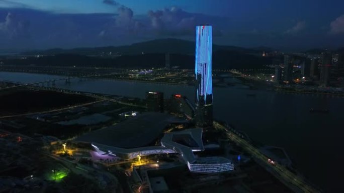 夜间照明珠海国际会展中心海湾航空全景4k中国