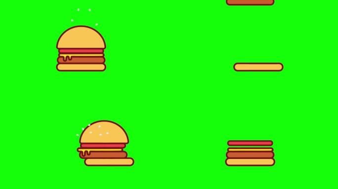 循环视频动画与汉堡烹饪。适用于快餐、餐厅、美食博主、餐厅评论家和汉堡店。食肉者或大豆肉，蔬菜汉堡