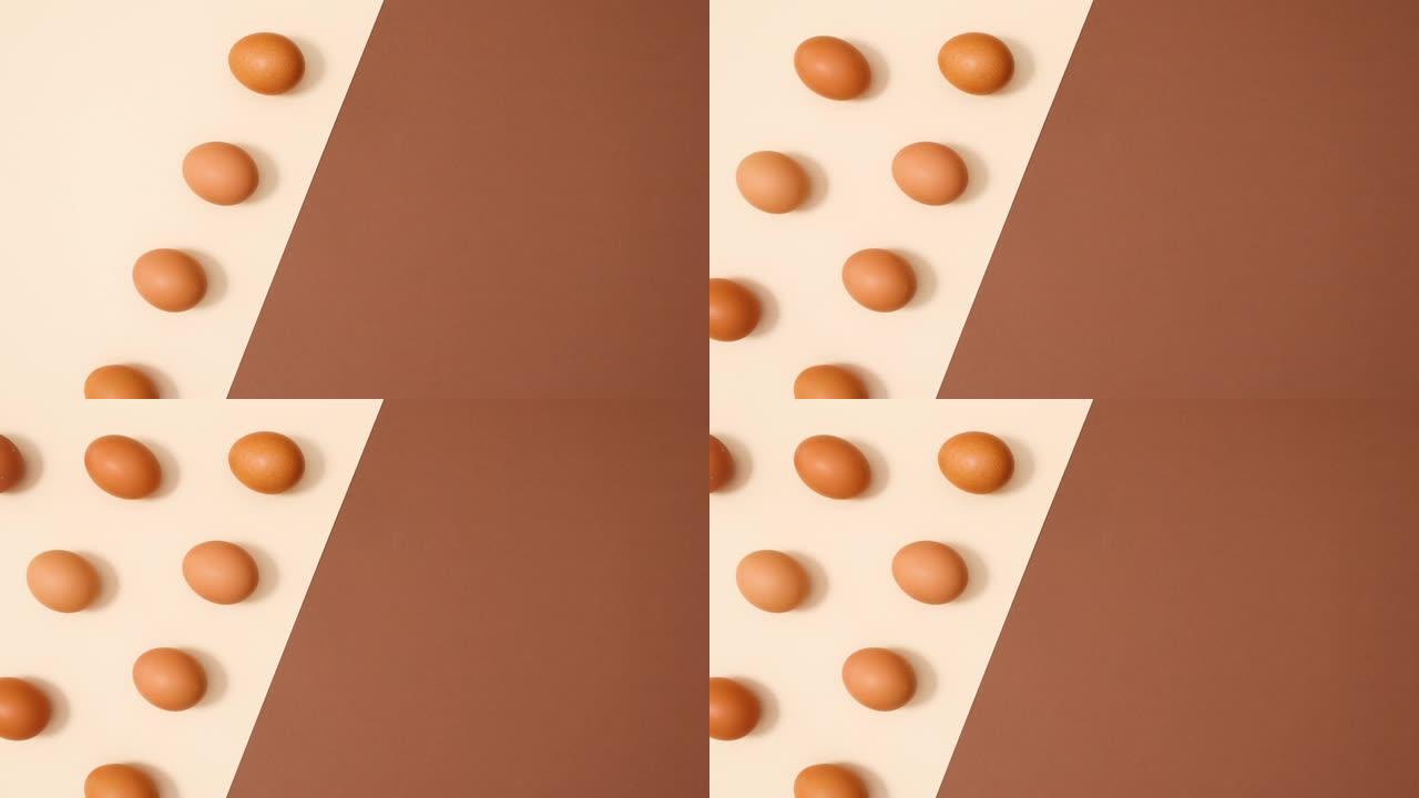 有机蛋的平产模式出现在裸色棕色背景上，停止运动