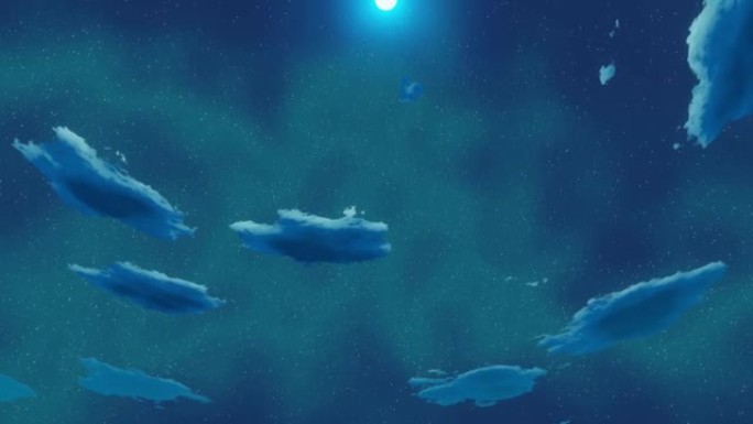 抽象蓝色星空与云星星云和月亮空间背景3D渲染