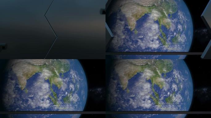 星舰中开启铁门的3d动画。金属网关从宇宙飞船打开地球行星的全景。