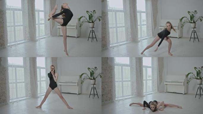 年轻的女舞者在一个新鲜的白色舞蹈室里表演了一个精心编排的动作，优美的手势以地板上的完全裂开结束。