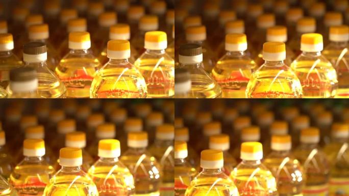 植物油在许多带盖的瓶子中都是金色的