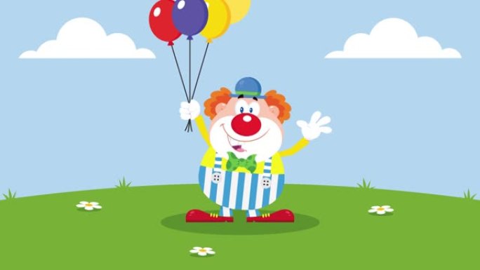 有趣的小丑卡通人物，带气球和生日蛋糕
