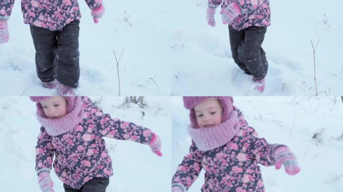 冬天，假期，游戏，家庭概念-慢动作近距离的孩子在深雪中奔跑。孩子们的脚踩在雪道上。寒冷季节的降雪中穿