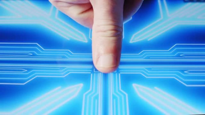 人类手指打开触摸屏按钮，激活未来的人工智能。机器学习、人工智能、概念Vercion 5的可视化