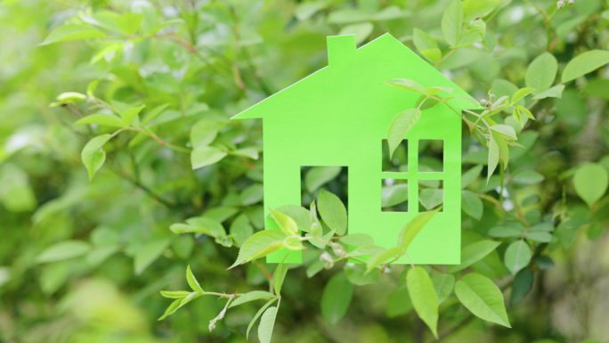 4K春天绿色树叶上的纸房子模型
