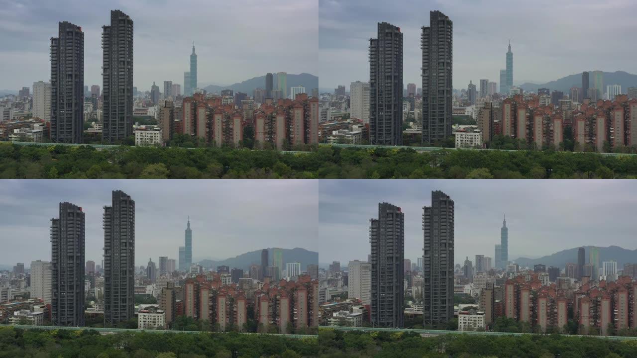阴天台北市公园现代公寓楼中区观景空中全景4k台湾