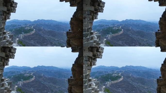 中国长城砖特写镜头，春天的自然风光。放大镜头 (延时)