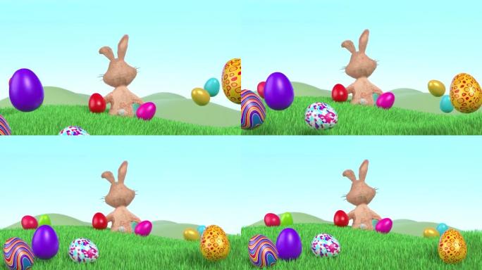 装饰复活节彩蛋和复活节兔子在草地上，以4k分辨率抵御晴朗的蓝天