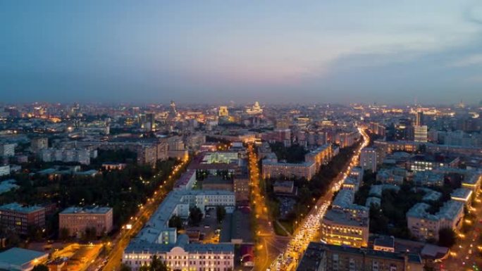 夜晚日落莫斯科交通街城市景观空中全景4k超延时俄罗斯