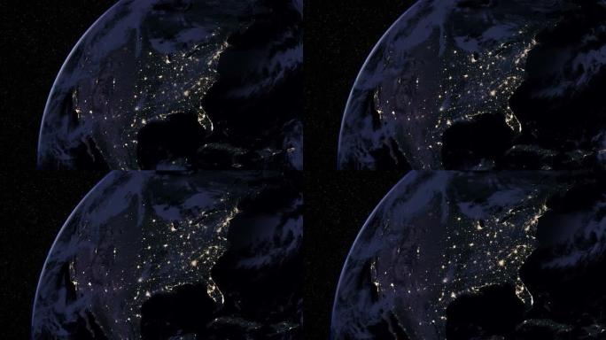 北美城市夜灯的卫星视图。
