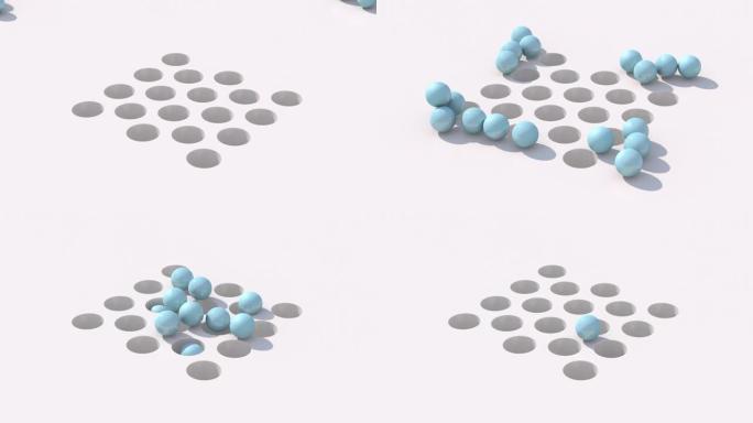 蓝色光滑的球掉进洞里。抽象动画，3d渲染。