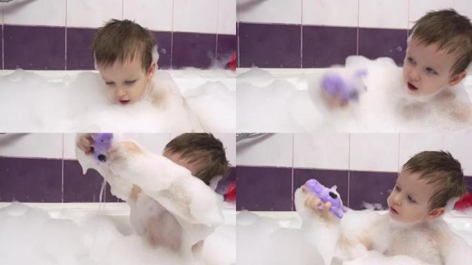 小帅哥用大量泡沫洗澡。Close-up.He玩玩具。