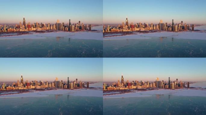 冬季日出时芝加哥的鸟瞰图