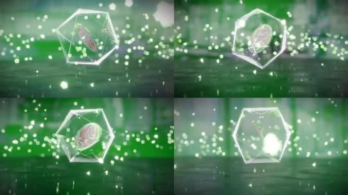 在透明的玻璃立方体上旋转欧元硬币，几何背景场景的3d循环动画。密码艺术