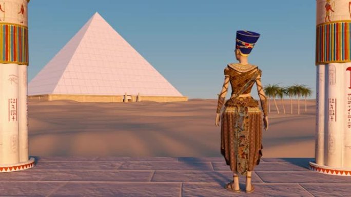 娜芙蒂蒂女王从古庙欣赏金字塔和沙漠景观。历史动画。埃及开罗吉萨谷的大金字塔